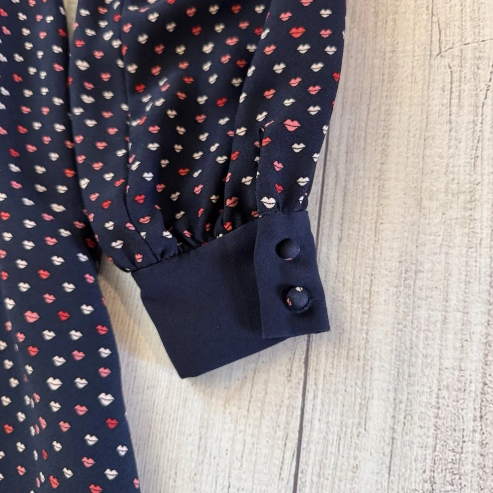 Kate Spade New York Navy Blue Lips Print Crepe Swing Dress Long Sleeve Size 6
